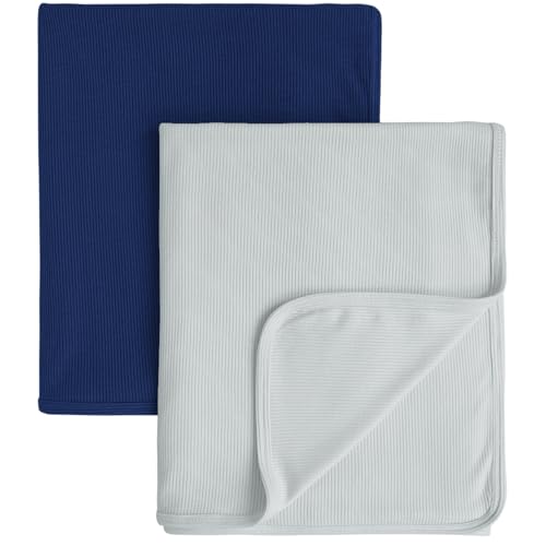 Image of Konssy Knit Baby Blanket 2 Pack, Soft Ribbed Swaddle Receiving Blankets for Boys & Girls, Lightweight Cozy Swaddling Wrap for Newborns, Infants, & Toddlers, 33x42 Inch (Navy, Blue Gray)