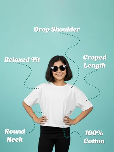 Image of KiddoPanti Girls 100% Cotton Solid Drop Shoulder Half Sleeve Round Neck Crop Tee