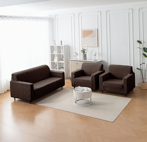 Image of House of Quirk Universal Jacquard Fabric Sofa Cover - Soft, Stretchable Couch Slipcover, Flexible Fit, Wrinkle-Resistant & Easy to Clean (Brown, Three Seater)