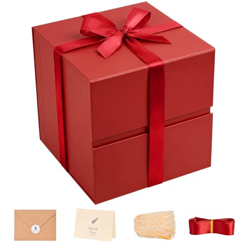 Image of LIFELUM Red Gift Box with Lid 10.2 x 10.2 x 10.2 inch, 1 Pack Square Magnetic Gift Box Includes Paper Filler, Ribbon, Greeting Card for Presents, Wedding, Christmas, Birthday