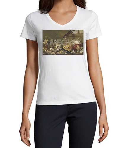 T-shirt chat vintage col V en coton premium blanc pour femme haut de gamme durable