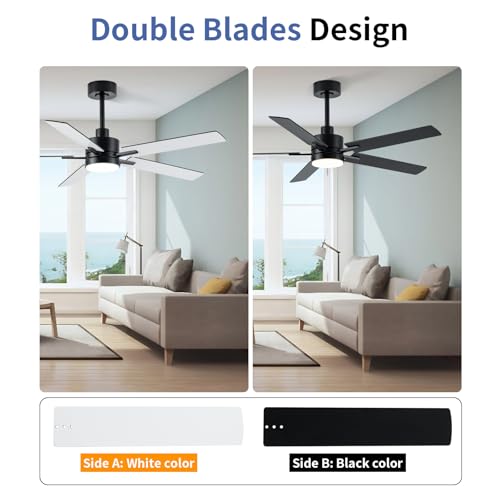 Image of LANMEL 52'' Black Ceiling Fans with Lights and Remote, 6 Speed Low Profile Modern Ceiling Fan with Quiet DC Motor for Indoor Outdoor Bedroom Living Room