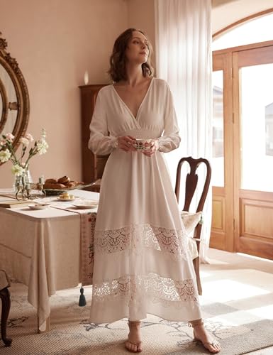 Image of Olaesa Long Sleeve Boho Maxi Dress for Women Lace Wedding Guest Dress | Spring Fall Bohemian Dress, Long Flowy Family Photo Dress with Pockets, V Neck Long Western Vacation Outfits
