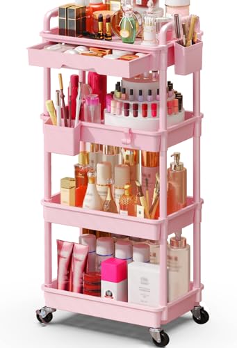 Image of SUNALLY Makeup Cart Organizer with Drawer, 4 Tier Rolling Makeup Cart, Pink