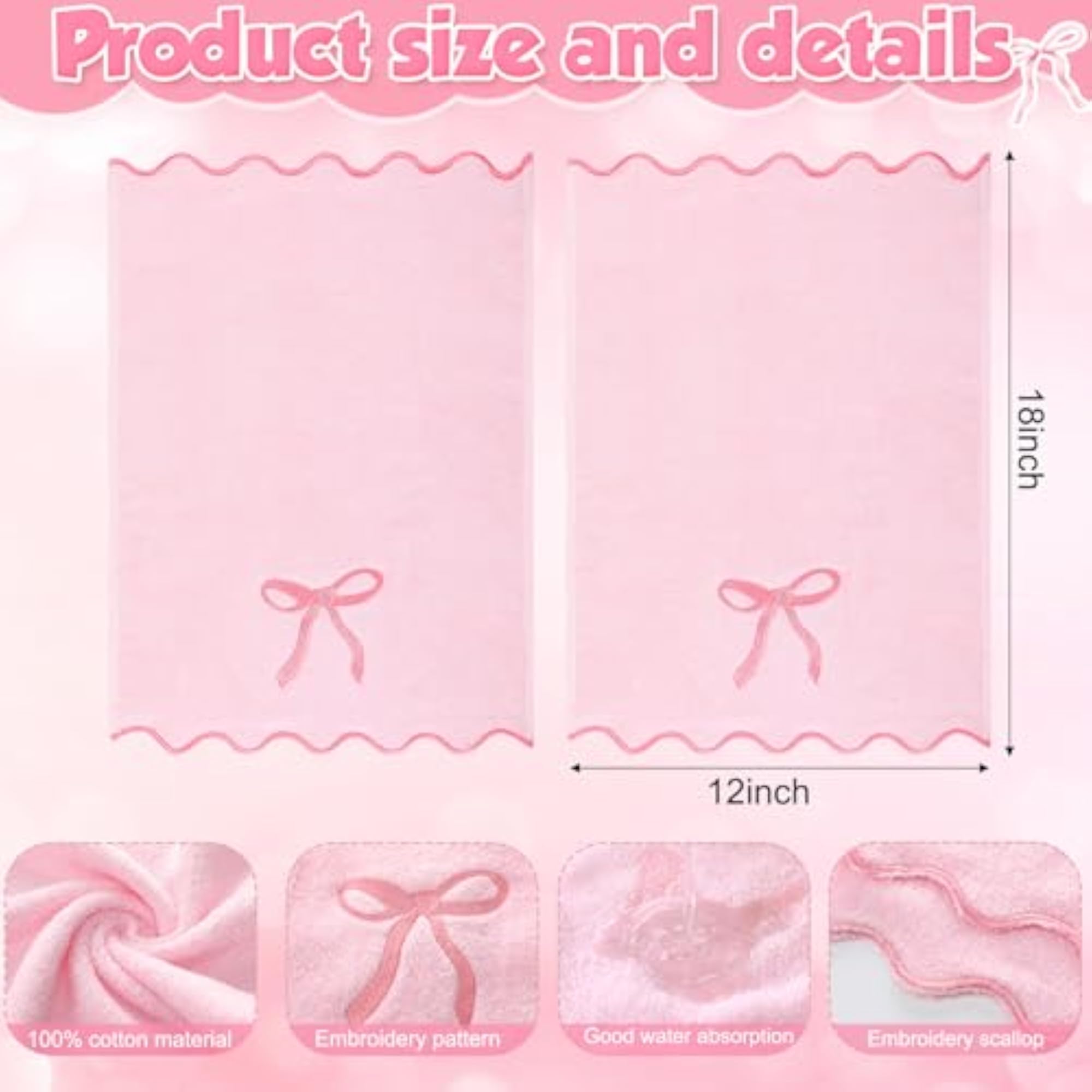 2Pcs Scalloped Pink Bow Fingertip Towels for Bathroom