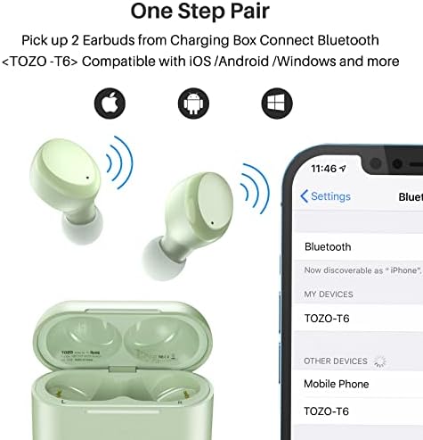 TOZO T6 True Wireless Headphones Bluetooth Earbuds Touch Control with Wireless Charging Case IPX8 Waterproof Stereo Earphones in Ear Built in Mic Headset Premium Deep Bass for Sport Green