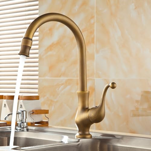 EGTink Robinet de Cuisine Bronze Antique Mitigeur Monocommande D'évier Cuisine Laiton Rétro Robinet Mitigeur d'eau Chaude et Froide Rotatif à 360°...