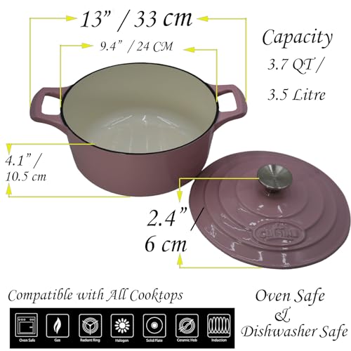 Image of La Cuisine Enameled Cast Iron Dutch Oven Casserole Pot with Lid Internal Glossy Cream White Enamel Coating 3.75 QT 9.5 inch /24cm O. For GlassTop Stove, Oven-Safe, PFOA Free, Pink