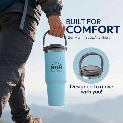 Image of House of Bhaskar 900ml Insulated Coffee Mug with Handle & Lid - Leakproof Stainless Steel Vacuum Travel Mug, Hot 8 Hrs & Cold 12 Hrs, Ideal for Gym, Office, Car & Travel (Sea Blue)