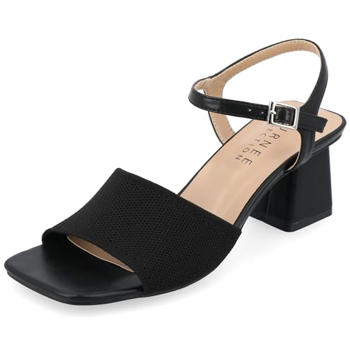 Journee Womens Knit Buckle Ankle Strap Covered Block Heel Open Square Toe Evylinn Comfort Foam Sandals