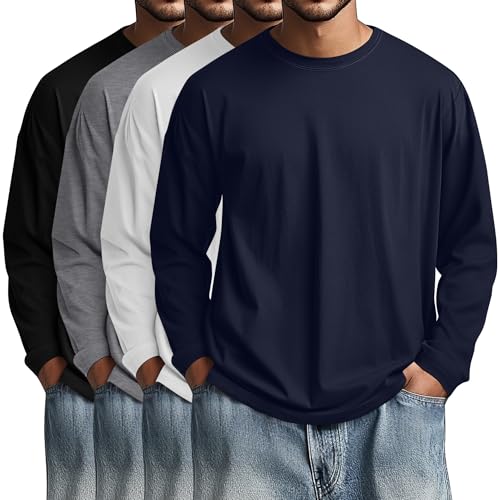 Image of August Alley 4 Pack Men's Big and Tall Cotton Shirts L-7XL, Long Sleeve Oversized Tops Loose Casual Large T-Shirts Basic Tee