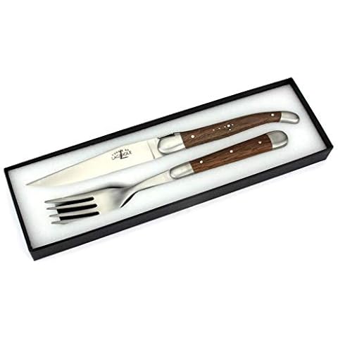 Forge de Laguiole - Steakmesser und Gabel je 1x im Set - Griff fossile Mooreiche - Steakbesteck Frankreich - Stahl satiniert Cover