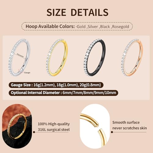 2PCS 20G 18G 16G Nose Ring Cartilage Hoop Earring Stainless Steel 4Colors Choose Hoop Earrings Hinged Summer Sparkle Septum Hoops Daith Conch Helix Tragus Piercing 6mm/7mm/8mm/9mm/10mm2