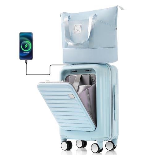 Front Opening 20-Inch Carry-On Luggage with Expandable Travel Bag Set, ABS Hard Shell Two-piece suitcase set with USB Port, Cup Holder, light blue2