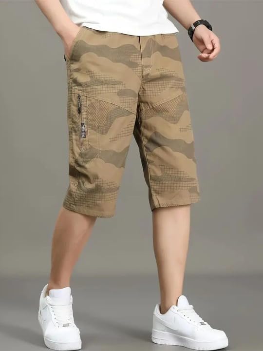 dbax Men's Green Camouflage Cargo Shorts | Regular Fit Knee Length Utility Shorts with Zip Pockets & Elastic Waistband-picture-30