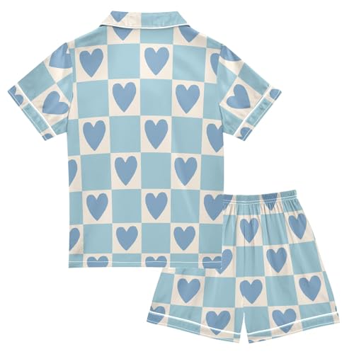 Cartoon Blue Hearts Summer Satin Pajama Set, Cute Button-Down Sleepwear Pj Set for Sleep Wears2