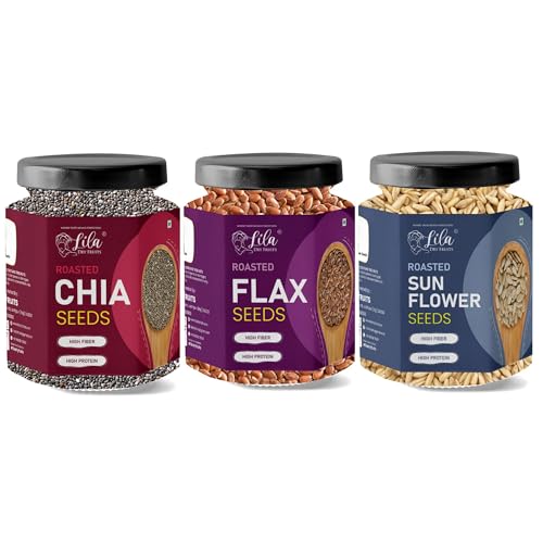 Image of LILA DRY FRUITS Roasted Chia Flax Sunflower Seeds Combo Pack 600 g (200g x 3) | Women Wellness Trio | Crunchy Seeds Mix for Daily Nutrition | Healthy Snack for Hair Skin & Gut Care Perfect for Gifting