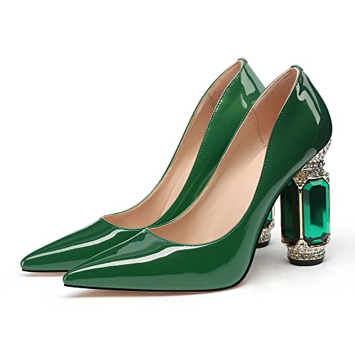 Image of JANSEVEN Women Chunky Heels Pumps Crystal Block Heels with Rhinestones Pointed Toe Sexy Gradient Patent Leather Slip on Bridal Party Wedding Dress Shoes 5-13 M US