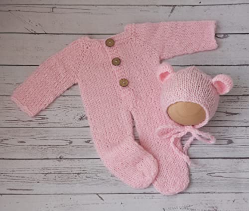 Vemonllas Newborn Photography Props Boys Girls Outfits Mohair Bear Hat Bonnet & Footed Romper Bodysuit Photoshoot Costume Set (Pink) by Vemonllas - Image 2