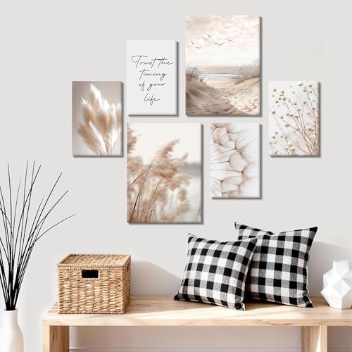 Tableau decoration murale roseaux beige 6 pièces pour salon - 3