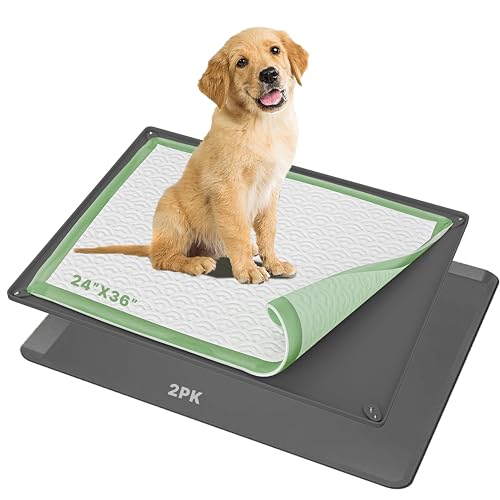 Image of TidyFriend 2 Pk Dog Pee Pad Holder Tray Fits for 24 inch x 36 inch Pee Pads with Corner Lock Holes, Raised Edges, Non-Spill, Easy to Clean Silicone Dog Potty Tray Holder, for Indoor Floor Protection (Grey)