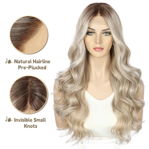 Sapphirewigs Lace Front Wig 13x4 Blonde Highlight Synthetic Wigs Light Blonde Body Wave Ombre White Lace Front Hair Pre-plucked Daily Wear Party Date Christmas 22 inch - Image 2
