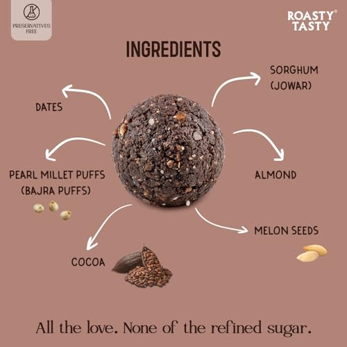Image of Roasty Tasty Cocoa - Millets & Dryfruits Ladoo | No Added Sugar | Energy Bar Replacement | No Artificial Flavor | Healthy Snacks | Rich in Fiber & Proteins | Dry Fruits, Seeds & Nuts Mithai | Pack of 2 (120g each)