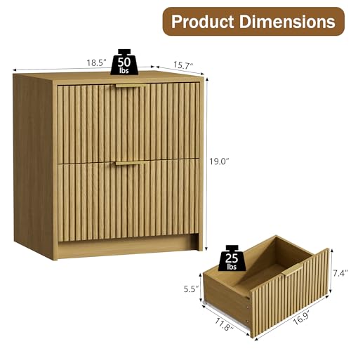 Image of Furniway 3 Piece Bedroom Set, 6 Drawer Dresser and Nightstand Set of 2 with Gold Handles, Mid-Century Modern Wood Chest of Drawers Storage Cabinet for Bedroom, Natural Oak