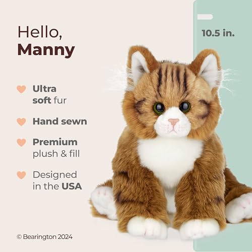 Image of Bearington Manny The Tabby Cat Plush, 10.5 Inch Orange Cat Stuffed Animal - Long Hair Tabby Realistic Plush