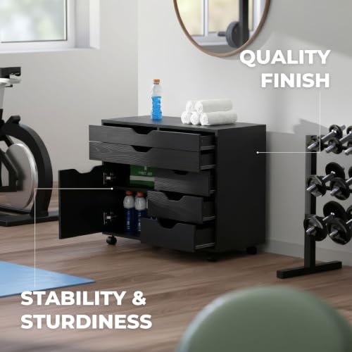 Image of Winsome Halifax Mobile Storage Cabinet with 1 Large Door & 5 Drawers, Black
