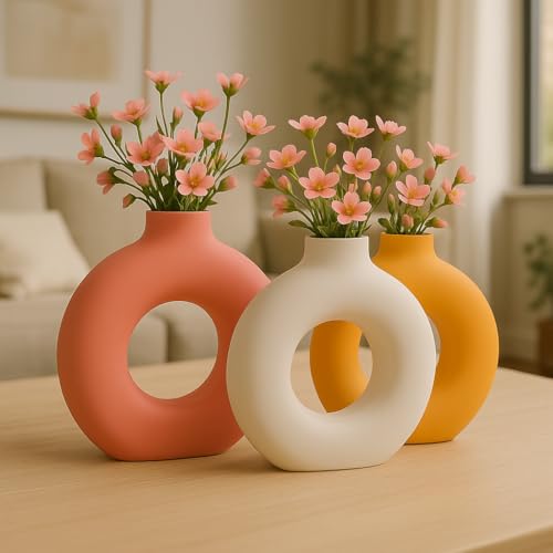 Image of Store499 Ceramic Flower Vase | Pampas Grass Vase | Home Decor Centrepiece | Decor Showpiece (Pack of 3) (Colour- White, Pink, Yellow) (Shape- Donut, Donut, Donut(Size- 6, 6, 6 Inch)