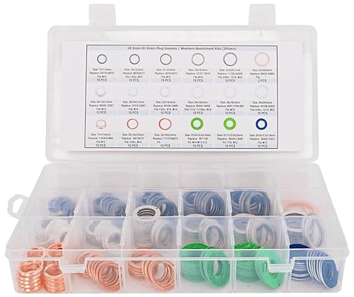 Image of 200PCS 18 Sizes Master Oil Drain Plug Gaskets Washers Assortment Kits Fit for Toyota, Subaru, Chevrolet Replace 90430-12031, MD050317, 803916010, 11026-01M02, 11137546275, APC93000