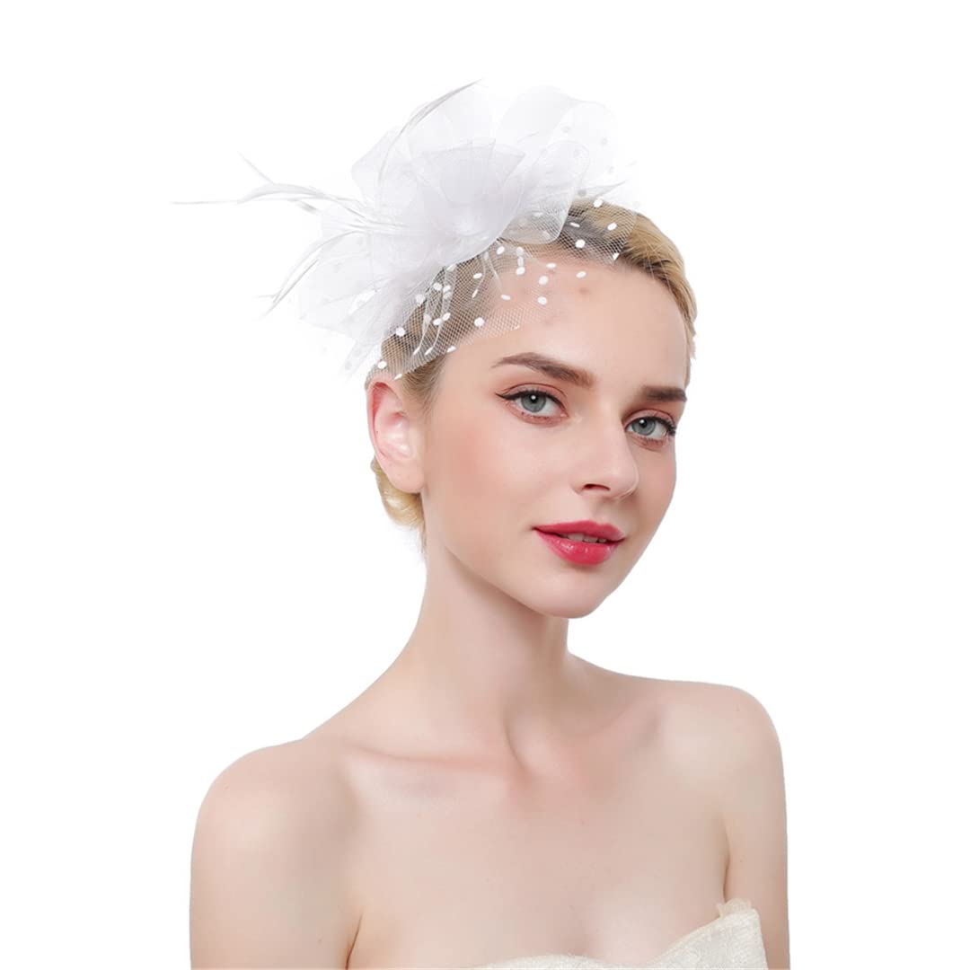 FBHappiness Feather Fascinators On Headband For Women Ladies Hair Clip Mesh Tea Party Cocktail Hair Accessories ，Cocktail Hats(White)
