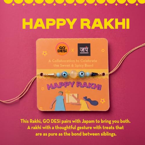Image of GO DESi Rakhi Set For Brother - 18 Items | Fun Gift Box | Evil Eye Stone Rakhi by Japam | Dark Choco Kaju Katli | Roli Chawal Set | Desi Popz | Coconut Barfi | Fruti Twist | Rakhi For Brother| Gifts for Raksha Bandhan | Raksha Bandhan Gift Hamper