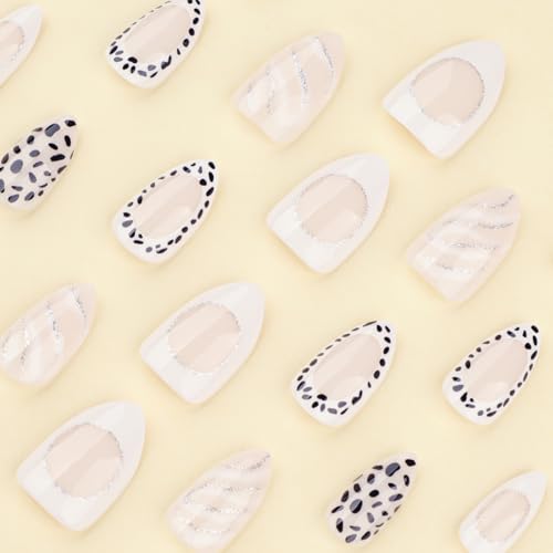 Image of Almond Press on Nails Polka Dots Fake Nails woth Stripe Design Black White Glue on Nails Glossy Full Cover Artificial Acrylic Short Stick on Nail for Women Girls Manicure 24Pcs