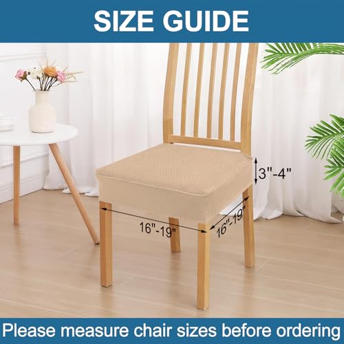 Image of Smiry Waterproof Seat Covers for Dining Room Chairs, No Rear Covers | Stretch Jacquard Removable Washable Chair Seat Slipcovers Protector, Set of 6, Khaki