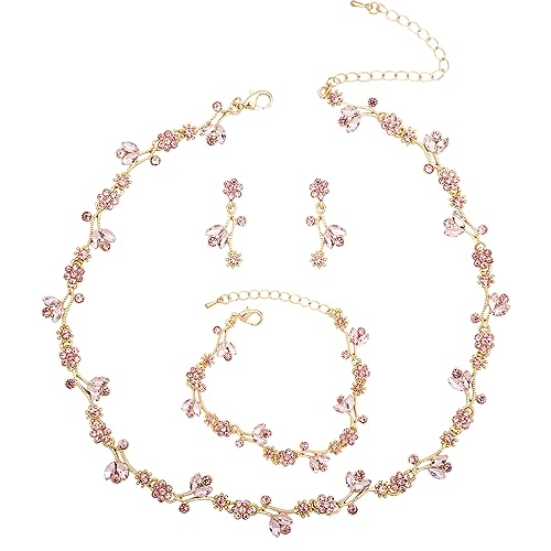 Enrwin Elegant Brides Austrian Crystal Flower Choker Necklace Drop Dangle Earring Bracelet Wedding Jewelry Set for Bridesmaid Prom Costume Jewelry Set for Women (Pink-Gold Plated)