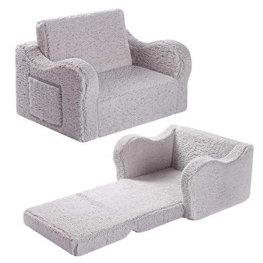 MOMCAYWEX Kids Chairs for Toddler, 2-in-1 Toddler Soft Sherpa Couch Fold Out, Convertible Sofa to Lounger for Girls and Boys, Grey
