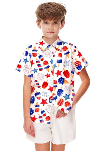 Image of Remimi Unisex Kids 4th of July Button Up Shirt Boys American Flag Print Hawaiian Beach Short Sleeve Tops 5-14 Years