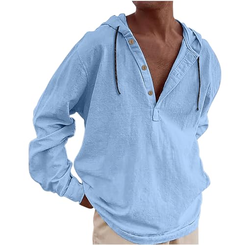 Mens Cotton Sweatshirts Solid V-neck Drawstring Hoodies Thin Breathable Lightweight Pullover Long Sleeve Loose Hooded