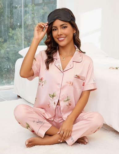 Image of UMBY Silk Satin Pajamas for Women Set 2 Piece button down Soft Silk Pjs Sets Cozy Silky Pajama Short Sleeve