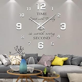 VANGOLD Modern Mute DIY Frameless Large Wall Clock 3D Mirror Sticker Metal Big Watches Home Office Decorations (Silver-4)