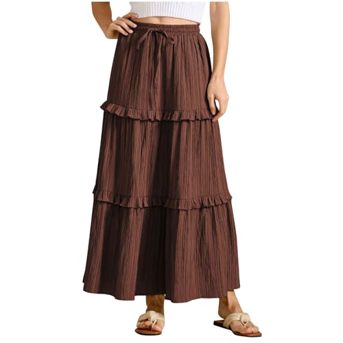 Lmdudan 2025 Women's Boho Tiered Maxi Skirt Elastic High Wasited Flowy Ruffle Skirts Beach Vacation Summer Long Skirt