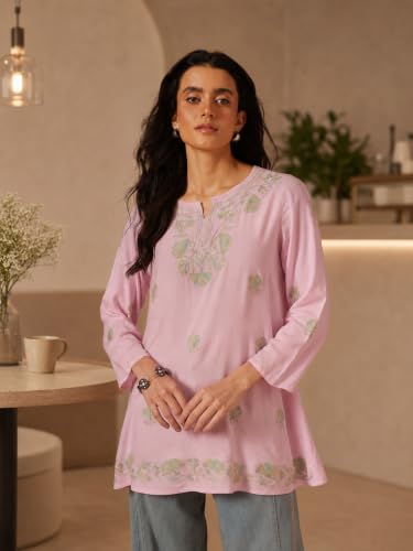 Image of QAZMI Women's Zayesha Aari Embroidered Viscose Rayon A-Line Flared Short Kurti