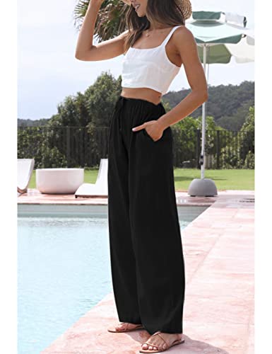 Himosyber Women Cotton Linen Pants Wide Leg High Waist Flowy Summer Beach Drawstring Pant Trouser4