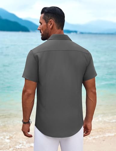 Image of COOFANDY Mens Cuban Guayabera Shirt Short Sleeve Button Down Shirts Summer Beach Vacation Shirts