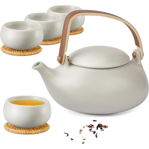 ZENS Theiere avec infuseur, Théière en japonaise avec 4 tasse pour le thé en vrac, gris céramique Théière avec filtre en acier inoxydable 304 pour les...