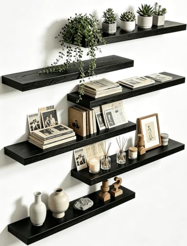 PHPH Wood Floating Shelves for Wall, Wooden Wall Shelves for Bedroom, Set of 6 Black 17 Inch
