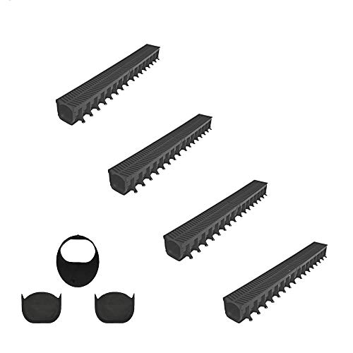 4 canales de drenaje de PVC de flujo fácil y poco profundo, 1 metro, 1 m, incluye 2 tapas y 1 salida para drenaje subterráneo de 110 mm