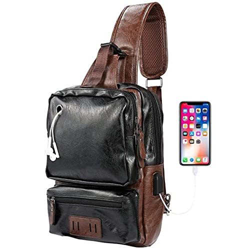 Mochila de pecho vintage para hombre: bolso bandolera de piel sintética negra con conexión USB